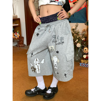 C2 homemade/american retro workwear style printed cropped trousers women's spliced waist wide leg casual pants new summer style