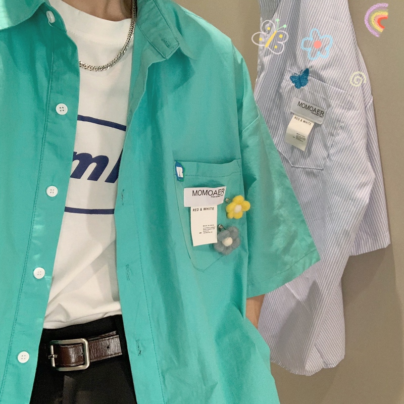 C2 LAOSHU / Pin Flower Loose Shirt, Super Popular Cec Lake Blue Shirt, Solid Color Versatile Student Half-Sleeve Top C2 LAOSHU / Pin Flower Loose Shirt, Super Popular Cec Lake Blue Shirt, Solid Color Versatile Student Half-Sleeve Top