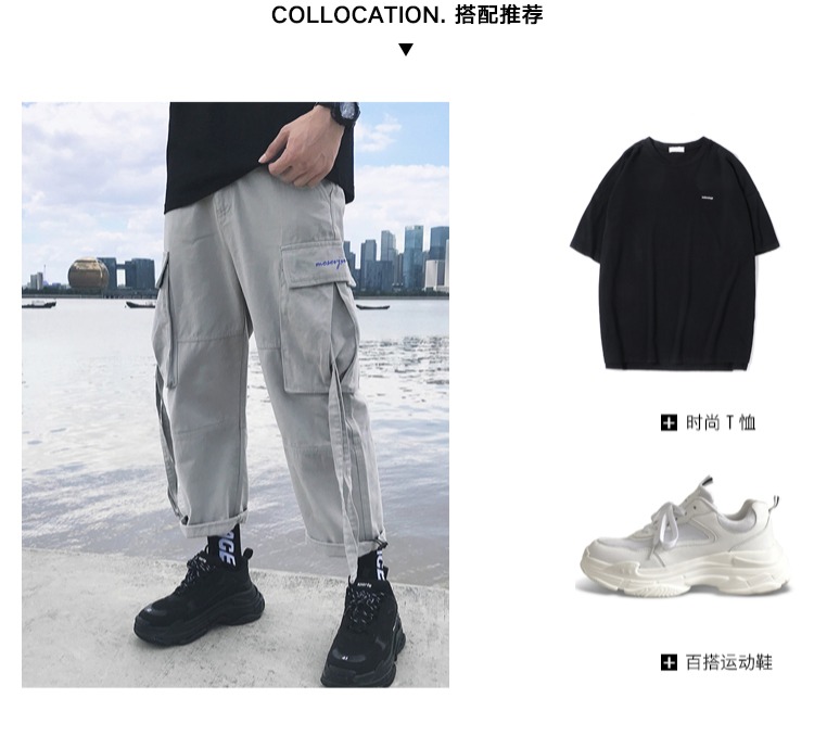 Hồng Kông Aberdeen văn học người đàn ông phong cách Hồng Kông bf lỏng thẳng quần giản dị hip hop chín quần in quần yếm nam quần túi hộp nam