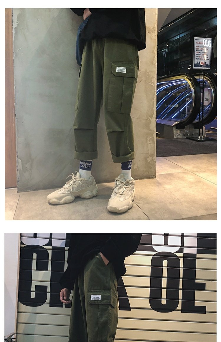 Hồng Kông Aberdeen văn học nam lỏng lẻo xu hướng Hàn Quốc overalls chàng trai quần chín điểm quần thường thẳng hoang dã mùa thu quần ngủ nam