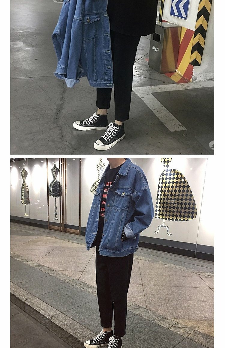 Hồng Kông Aberdeen văn học nam mùa thu và mùa đông Harajuku lỏng lẻo bf gió xu hướng áo khoác denim áo khoác đôi Hàn Quốc áo khoác da nam hàng hiệu
