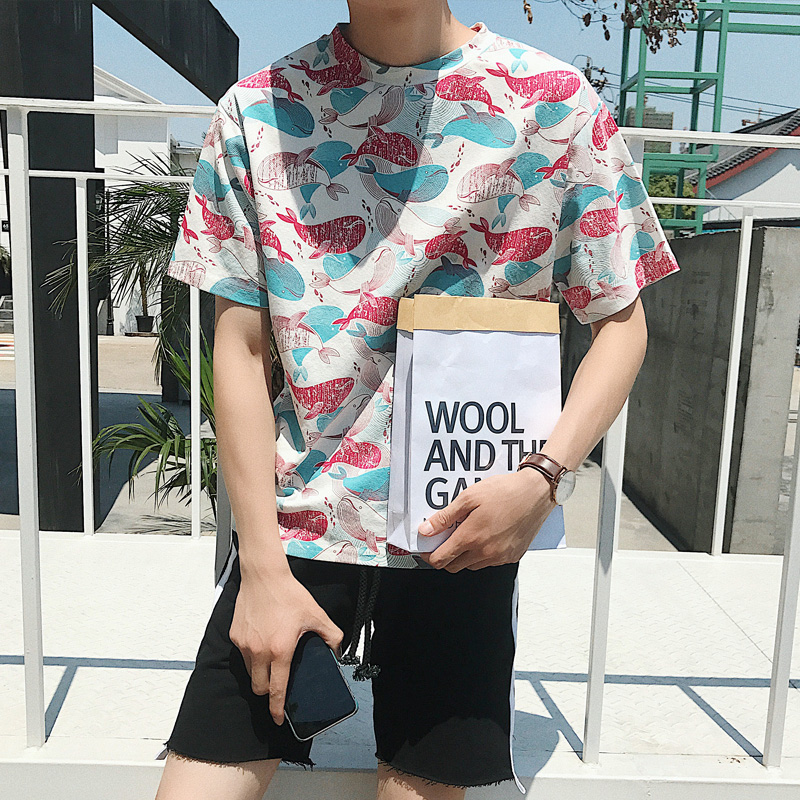 夏季新款圆领短袖t恤男士韩版潮流学生百搭印花半袖装上衣体恤衫