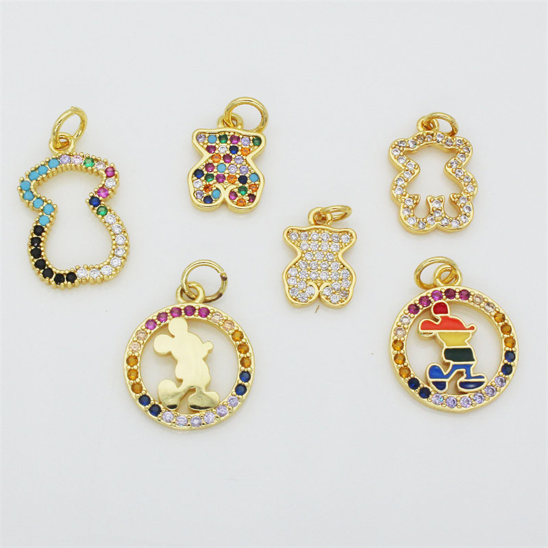18K Gold-Plated with Colored Diamonds Mickey Mouse and Winnie the Pooh Small Pendant Charms DIY Crystal Bracelet Necklace Accessories