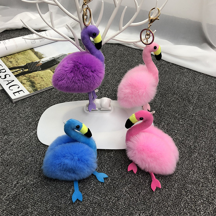 New Cute Flamingo Pendant Made of Real Rabbit Fur, Realistic Small Animal Bag, Phone, and Keychain Accessory