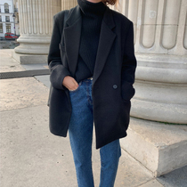 2021 new autumn and winter black woolen coat female Hepburn wind woolen coat short small thick cotton