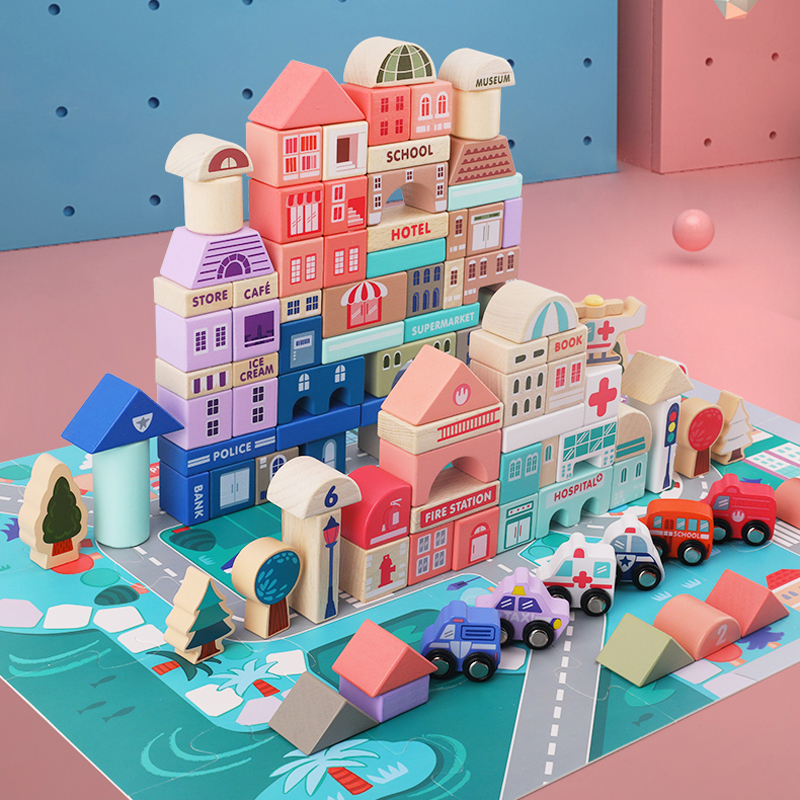 Urban Transport Building Blocks Wooden Large Chunks 1-2-3-4 Year Old Large Grain Baby Puzzle Cognitive Digital Letter Toys
