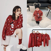 Online red pro dress a three-mouth baby one-piece clothes spring red mother girls age whole family dress with long sleeve sweater