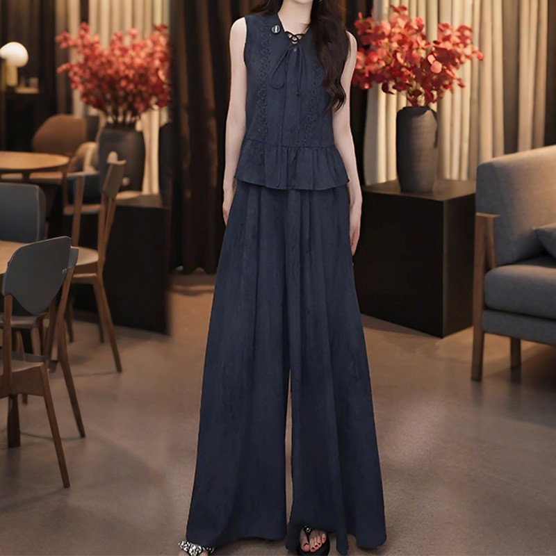 French-Style Fashion Age-Reducing Suit 2025 Summer New Niche Design Sleeveless Top Wide-Leg Pants Skirt Two-Piece Set