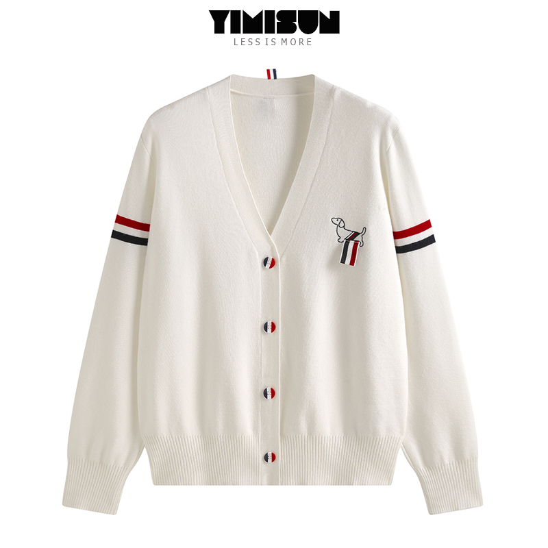 Yimisun Design-Inspired Dog Embroidery Ribbon V-Neck Knitted Cardigan for Women, Loose and Versatile, Preppy Style Sweater Jacket Yimisun Design-Inspired Dog Embroidery Ribbon V-Neck Knitted Cardigan for Women, Loose and Versatile, Preppy Style Sweater Jacket
