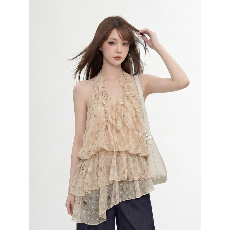 Liangmuyi Spring/Summer Bow Tie Irregular Ruffle Top with Spot Print Halter Neck Camisole for Women