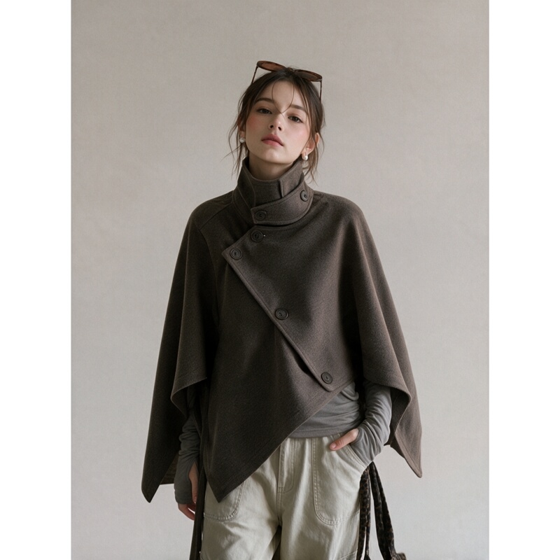 Liangmuyi Autumn Fashion New French Style Cape-Style Shawl Coat Loose Stand Collar Short Coat for Autumn