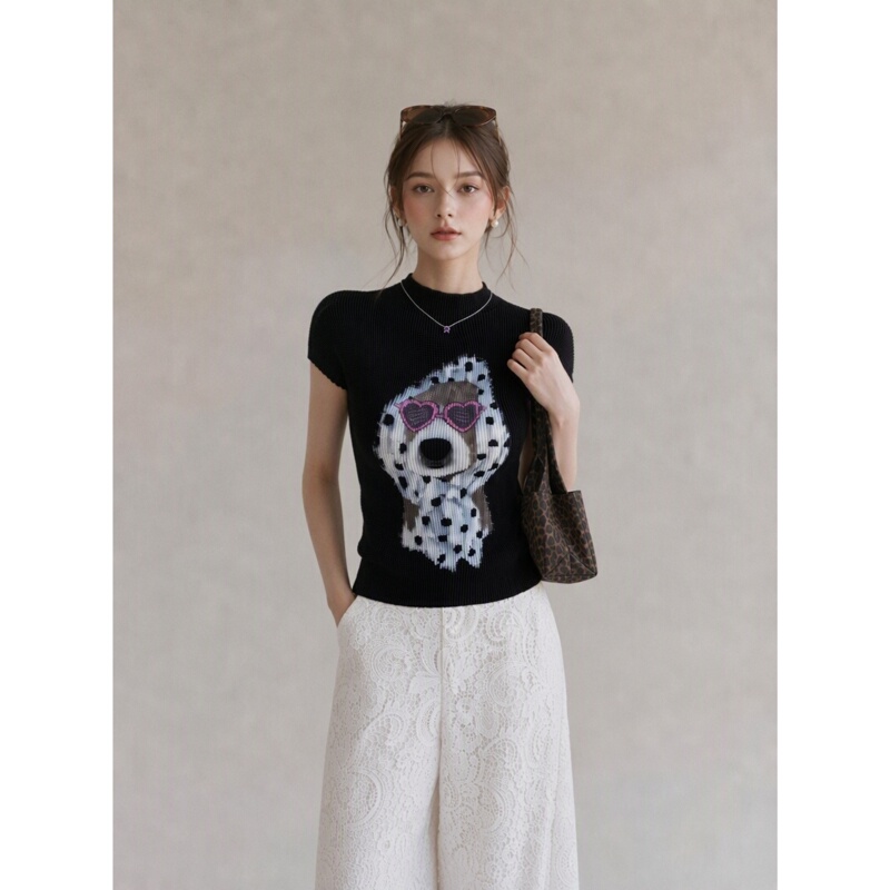 Liangmuyi Korean Style Sexy Slim High-Neck T-Shirt for Women with Polka Dots, Sunglasses, and Puppy Pattern, Tight-Fitting Versatile Short-Sleeve Top