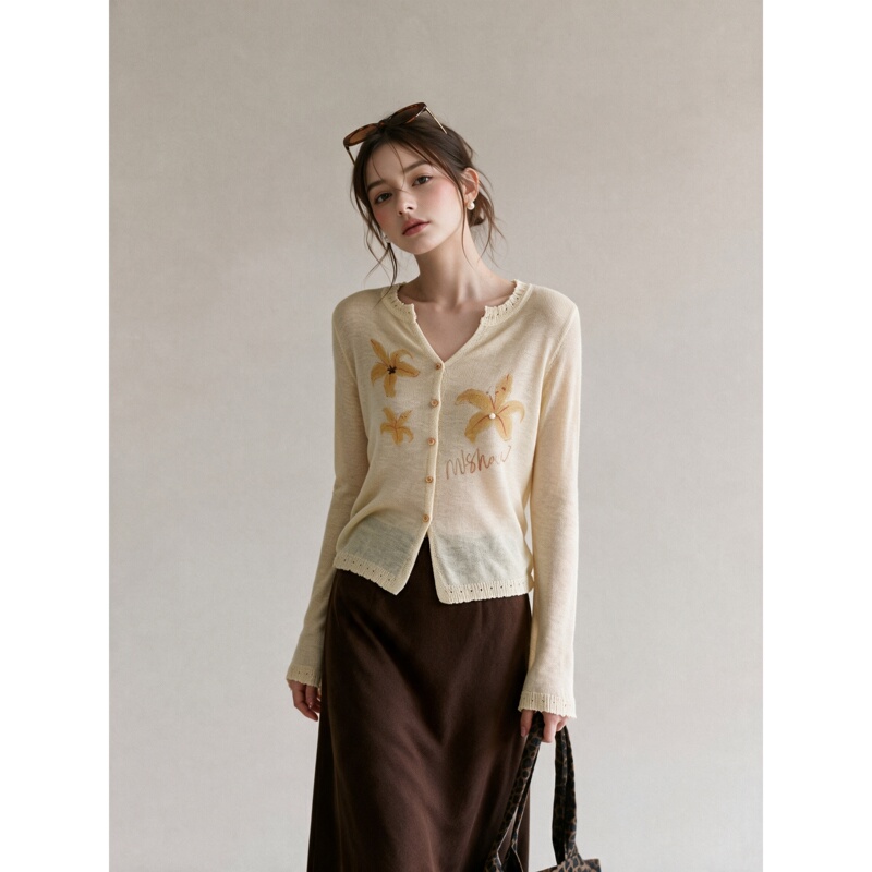 Liangmuyi New Hollow Lace Hand-Painted Floral Knitted Cardigan 2026 Autumn Gentle Thin Top for Women Liangmuyi New Hollow Lace Hand-Painted Floral Knitted Cardigan 2026 Autumn Gentle Thin Top for Women