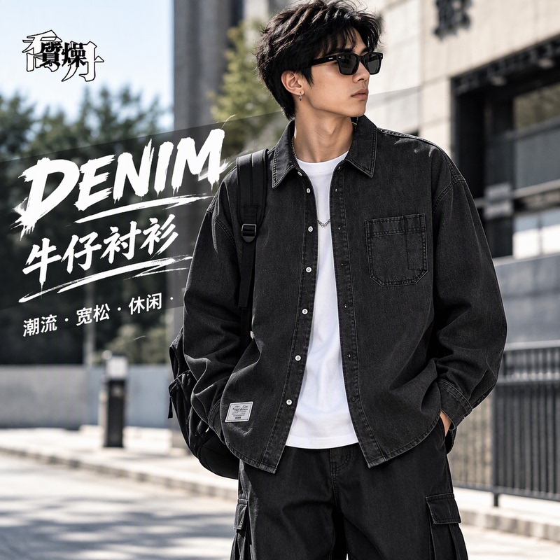 Jordan Men's Sports Shirt New Style Denim Lapel Trendy American Street Style Solid Color Loose Woven Casual Jacket Jordan Men's Sports Shirt New Style Denim Lapel Trendy American Street Style Solid Color Loose Woven Casual Jacket