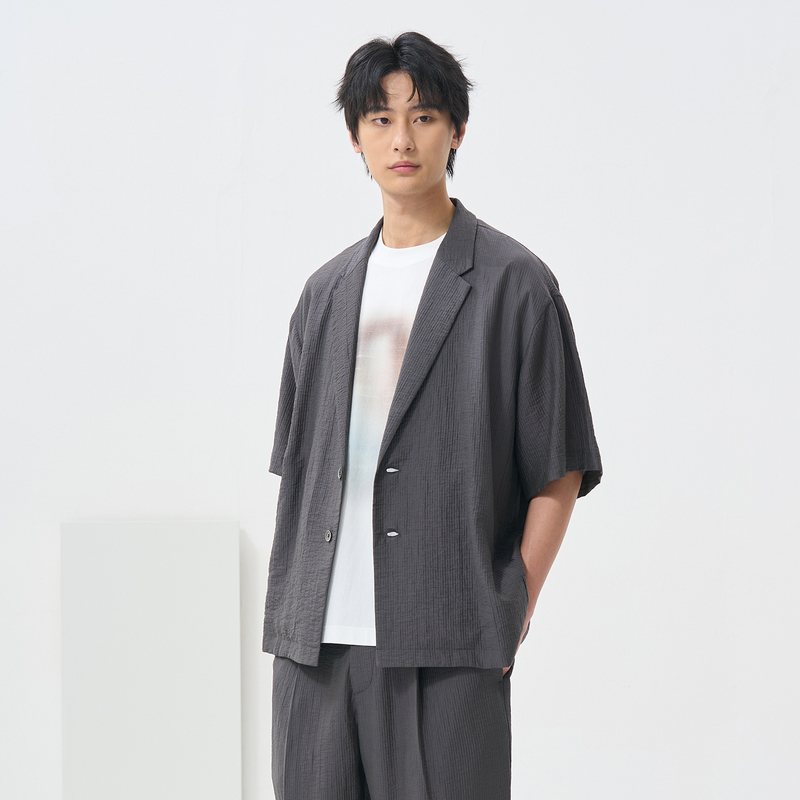 Shimayama Japanese Style Pleated Half-Sleeve Suit for Men, Summer Cool Striped Casual Short-Sleeve Single-Breasted Jacket