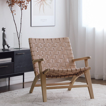  Modern minimalist designer armchair Living room sofa recliner Balcony Single leather woven solid wood leisure chair