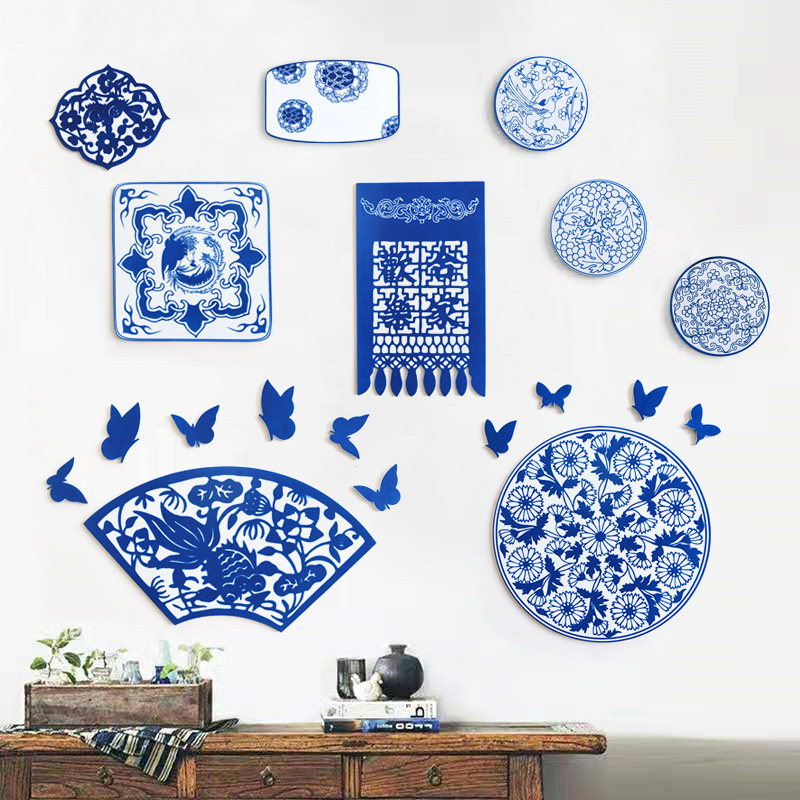 Three-dimensional foam blue and white porcelain pattern style creative wall stickers kindergarten school theme area corner style wall decoration layout