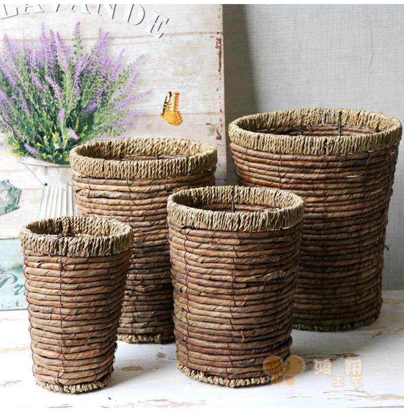 Straw woven dry flower storage flower basket florist flower arrangement storage flower bucket Straw woven flower basket flower tube Vintage storage straw woven tube