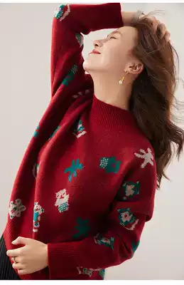 TUNEVA brand women's flagship store turtleneck bottoming shirt 2021 jacquard full wool red sweater sweater women