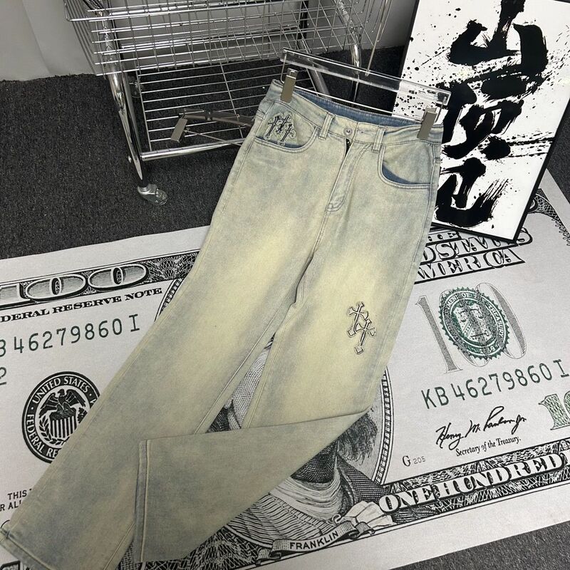 Trendy Men's Popular Style 2025 High Street New Model for Older Children ins Boys Light-Colored Embroidered Jeans in Yellow Mud Color, Straight Wide-Leg