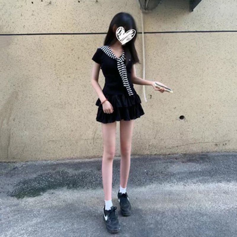 2026 Three-Piece Set Similar to Those Worn by Kuaishou Influencers: Striped Shawl, Black T-Shirt Top + Cake-Style Short Skirt for Older Children