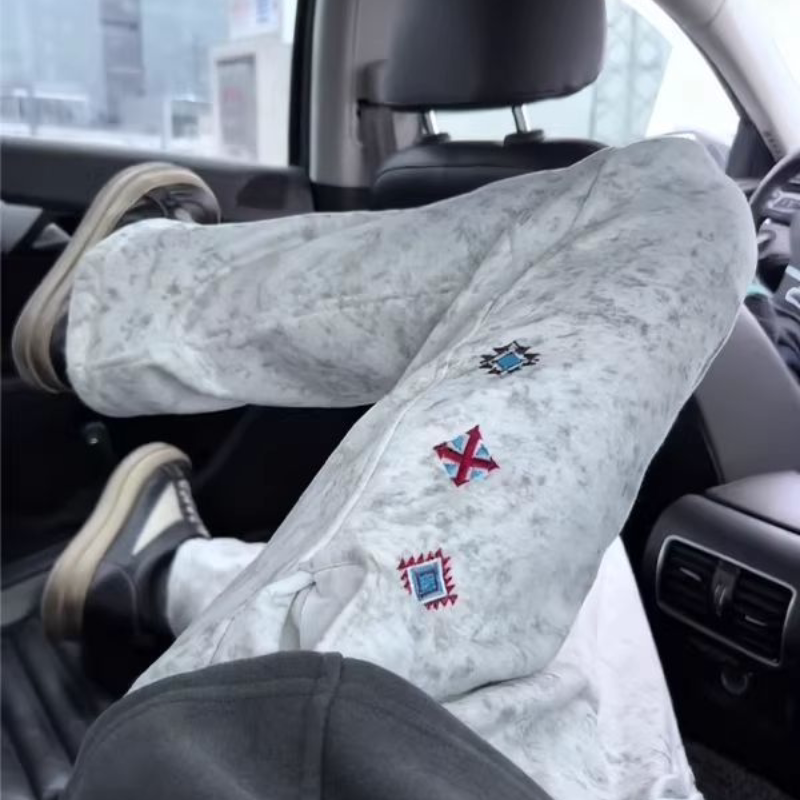 White and Gray Tie-Dye Printed Curved Hem Sweatpants for Men and Women, Summer Straight-Leg Pants, American-Style Sports Casual Long Pants, Children's Clothing