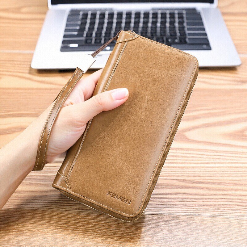 Fashionable Long Clutch Zipper Men's Genuine Leather Soft Leather Vintage Cowhide Clutch Bag Simple Elegant Wallet Wrist Strap