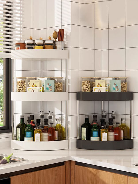 Kitchen countertop corner storage rack household punch-free semicircular wall corner tripod rack seasoning bottle jar storage rack
