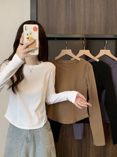 Large size right-shoulder long-sleeved t-shirt bottoming shirt for women in autumn and winter, fat mm design, slim fit and belly-covering short top