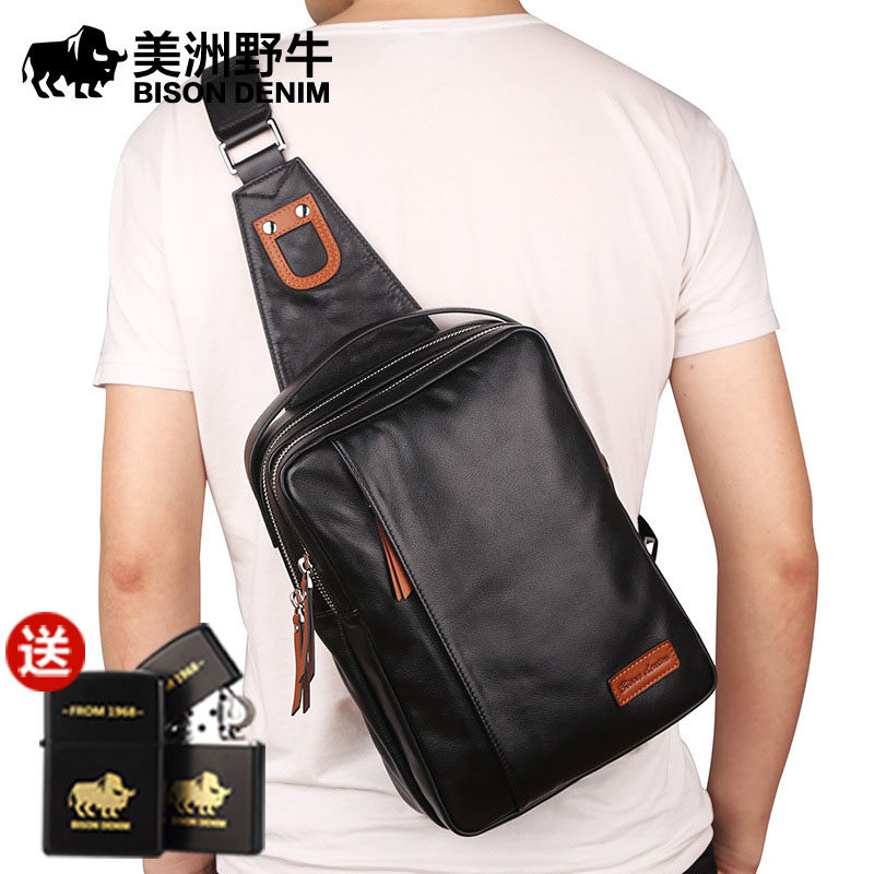 American bison men's breast bag leather sports carry 2022 new tide large - capacity bull leather bag