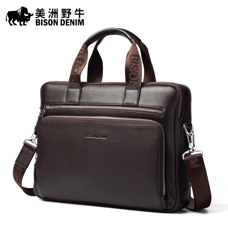 Americas Wild Bull Genuine Leather Men's Computer Handbag Single Shoulder Skew Satchel Business Casual Large Capacity Bull Leather Briefcase