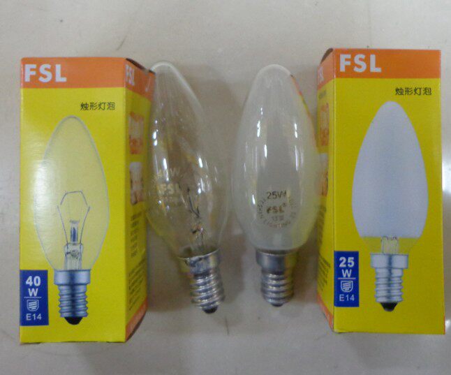 FSL Foshan lighting small screw with white incandescent bulb E14 small mouth candle-shaped sharp bubble 15W25W40W transparent frosted