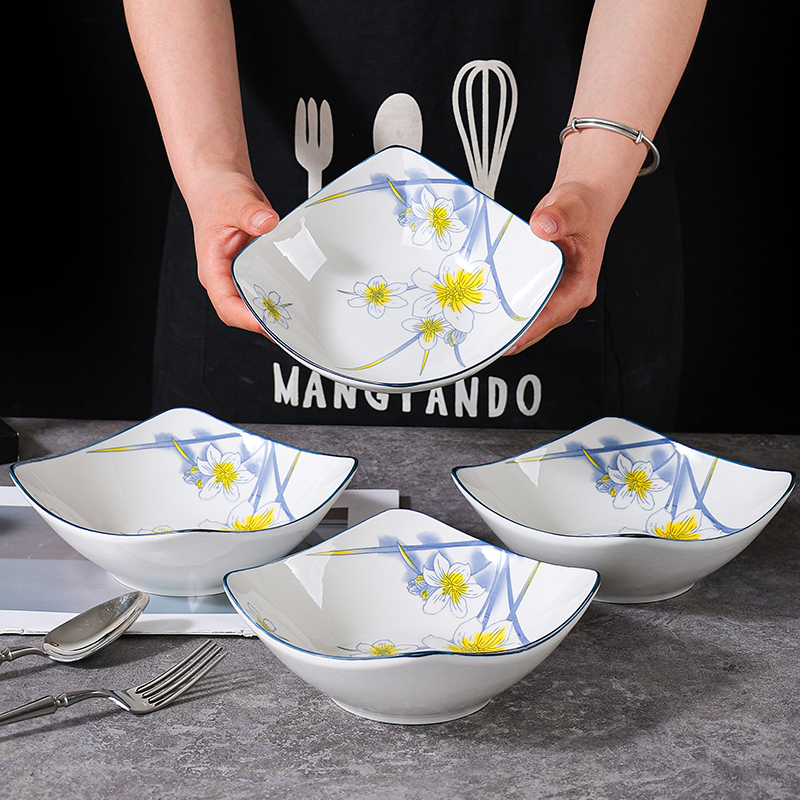 Daffodil Square Bowl with Raised Feet, Household Rice Bowl, Plate, Dish, Universal Multifunctional Ceramic Underglaze Colored Square Bowl