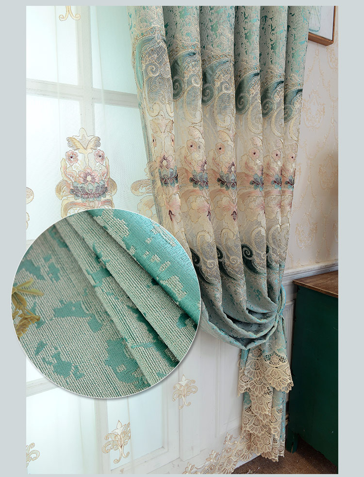 Rèm cửa cao cấp châu Âu Phòng khách sang trọng Chenille Thêu màu xanh lá cây Openwork Rèm đơn giản Biệt thự hiện đại từ sàn đến trần - Phụ kiện rèm cửa thanh treo rèm cửa 2 lớp