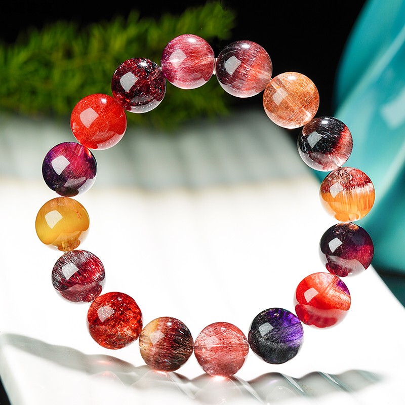 Collectible Special-Grade Super Seven Crystal Bracelet, Special Mineral Bead Bracelet, Natural Blackcurrant Gold, Strawberry, and Colorful Super Seven