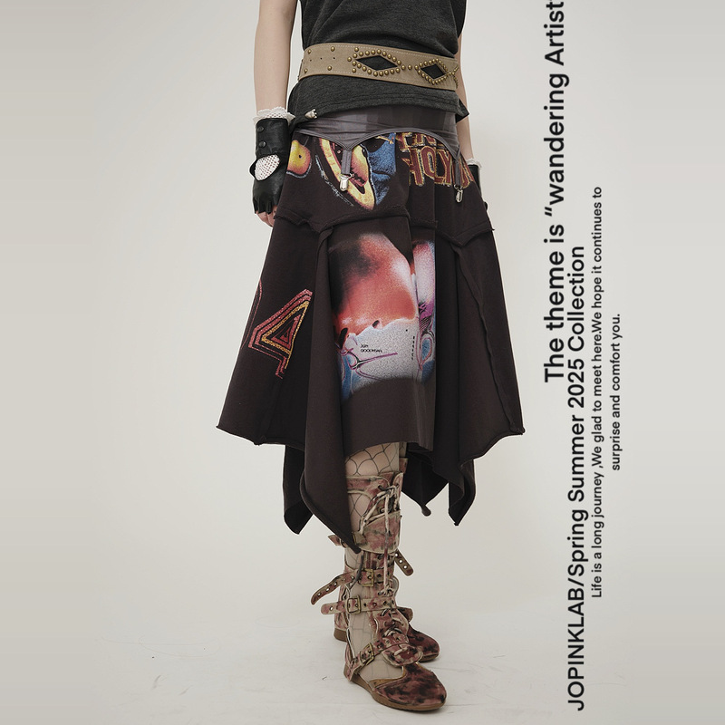 Jopinklab |   Early Spring New American Retro Asymmetrical Splicing Printed Distressed Elastic Waist Skirt