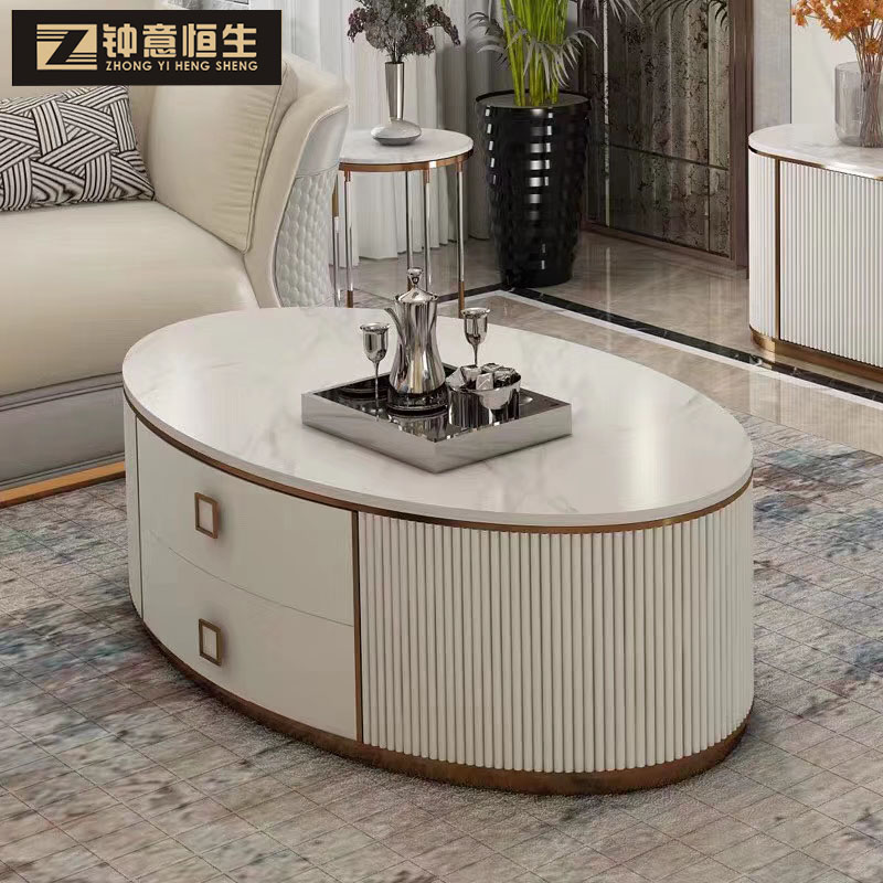 Light luxury coffee table net red oval gold-plated postmodern marble stainless steel furniture Italian creative designer