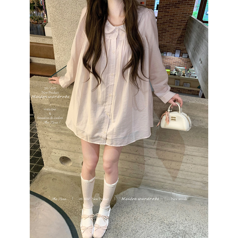 Theture Dolly Tencel Dress Long-Sleeved Dress for Women in Autumn, Petite Pink Shirt Dress New Style for Women