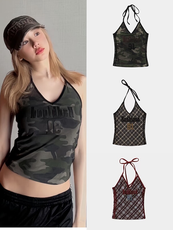 Authentic Korean Trendy Brand Badblood American Retro Spicy Girl Halter Neck Sexy Pure Desire Camouflage Tank Top for Women
