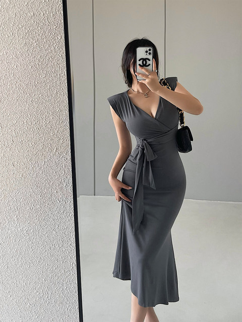 YoungGirlDay pure desire sexy bandage waist tight fit thin pad shoulder bag hip mid-length fishtail dress