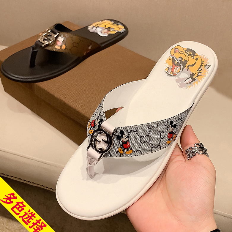 European Station 2026 New Style Mickey Print Flip-Flops for Men, Trendy Outdoor Genuine Leather Thong Sandals
