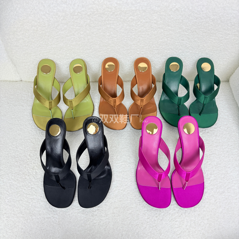 2026 Spring New Style Women's Thong Sandals Black Satin Letter Heel High Heels Sexy Style Square Toe Flip-Flops Women's Shoes