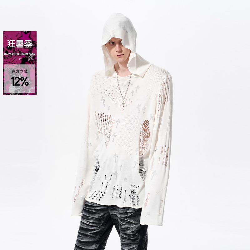 See Hollow-Out Distressed Hooded Knit Sweater for Men, Spring Thin Style, Visual Style, Loose Fit, Cross Rhinestone Sweater for Men