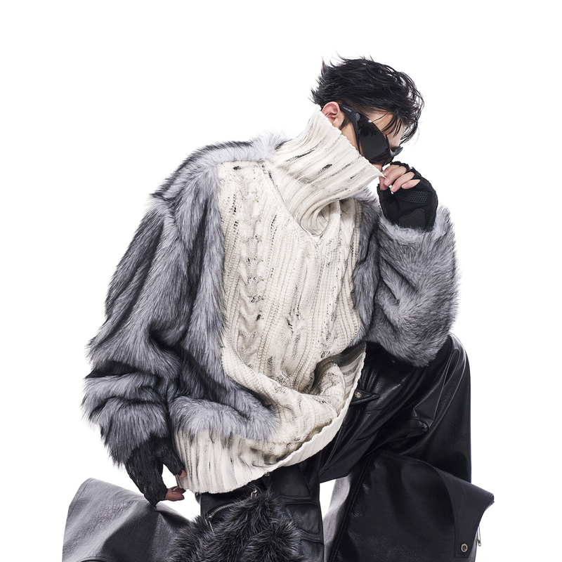 Startexceedend Fur Spliced Turtleneck Sweater for Men, Autumn and Winter, with Fleece Lining, Thickened, Hand-Painted Knitwear