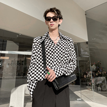 22 Spring New Grand Collar Design Black And White Chessboard Plaid Long Sleeve Shirt Male senior Loose Shirt 100 hitch