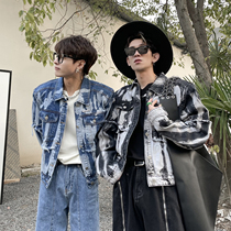 2022 spring New pint designer Fried Street made of old denim jacket male trendy wool side cushion shoulder short jacket
