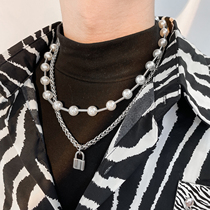 Cai Xu Kun the same double laminated wearing pearl necklace male original design wave man hip hop personality street accessories