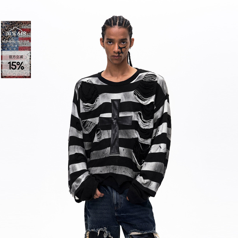 See Cross-Pattern Patchwork Knit Sweater for Men and Women, Subculture Style, Spring Loose Fit, Distressed Thin Sweater