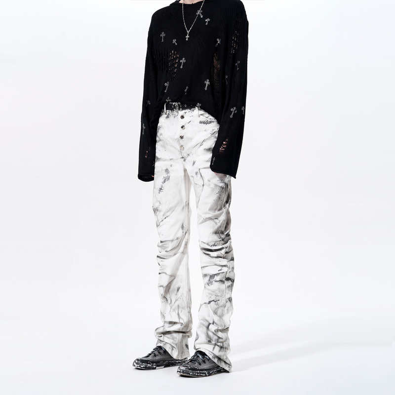 See White Tie-Dye Scimitar Jeans for Men, Visual Style Pants for Spring and Summer, Slim-Fit Wrinkled Stacked Long Pants for Men and Women