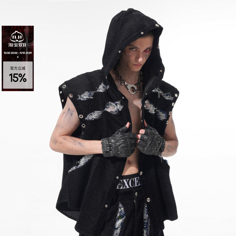 See Dark Knight Snake Pattern Scratch Sleeveless Vest for Men, Summer Back Structure Hooded Vest, Cool and Stylish